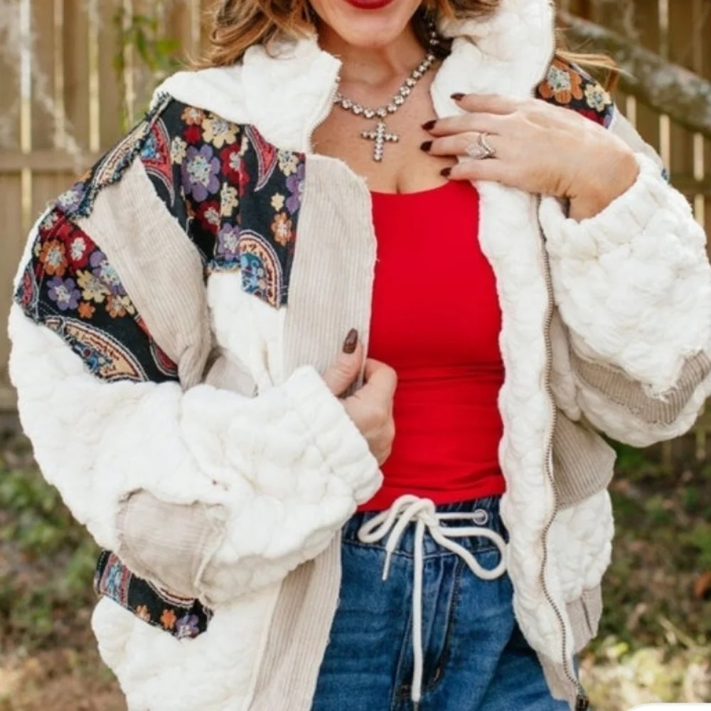 POL Boho Bold Quilted Hooded Jacket Patchwork Corduroy NEW